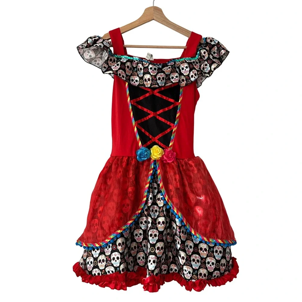 Kids Day of the Dead Costume Dress Halloween Sugar Skull Outfit Medium